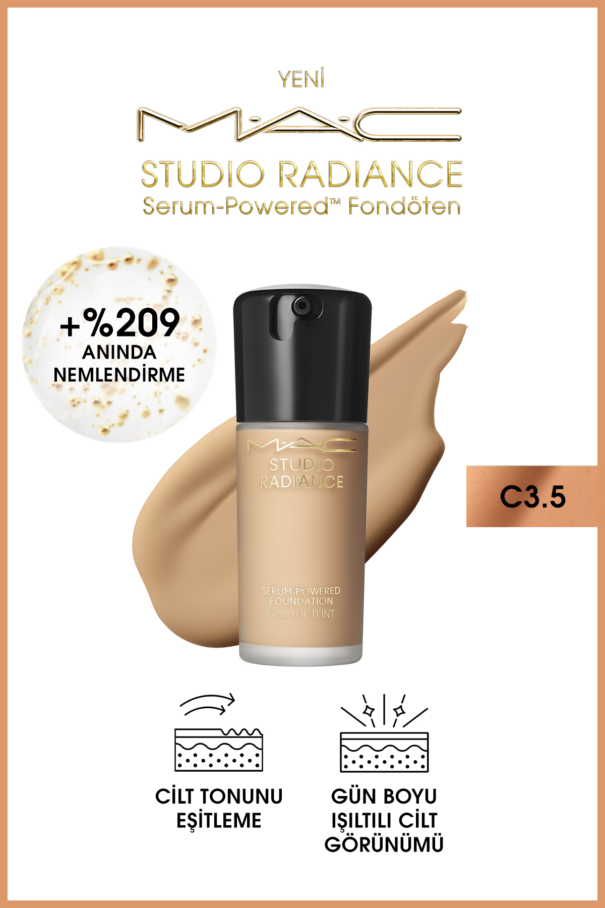Mac کرم پودر سرمی Studio Radiance حاوی مواد مغذی پوست شماره C3.5 حجم 30میل