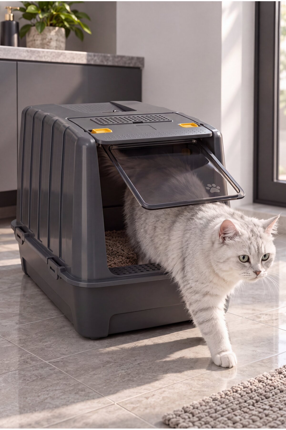 توالت گربه دربسته وومو استور Vumo Store JUMBOXXL، ۶۷×۴۷×۵۱ سانتی‌متر، با فیلتر کربن فعال و ۴ قطعه هدیه خاکستری