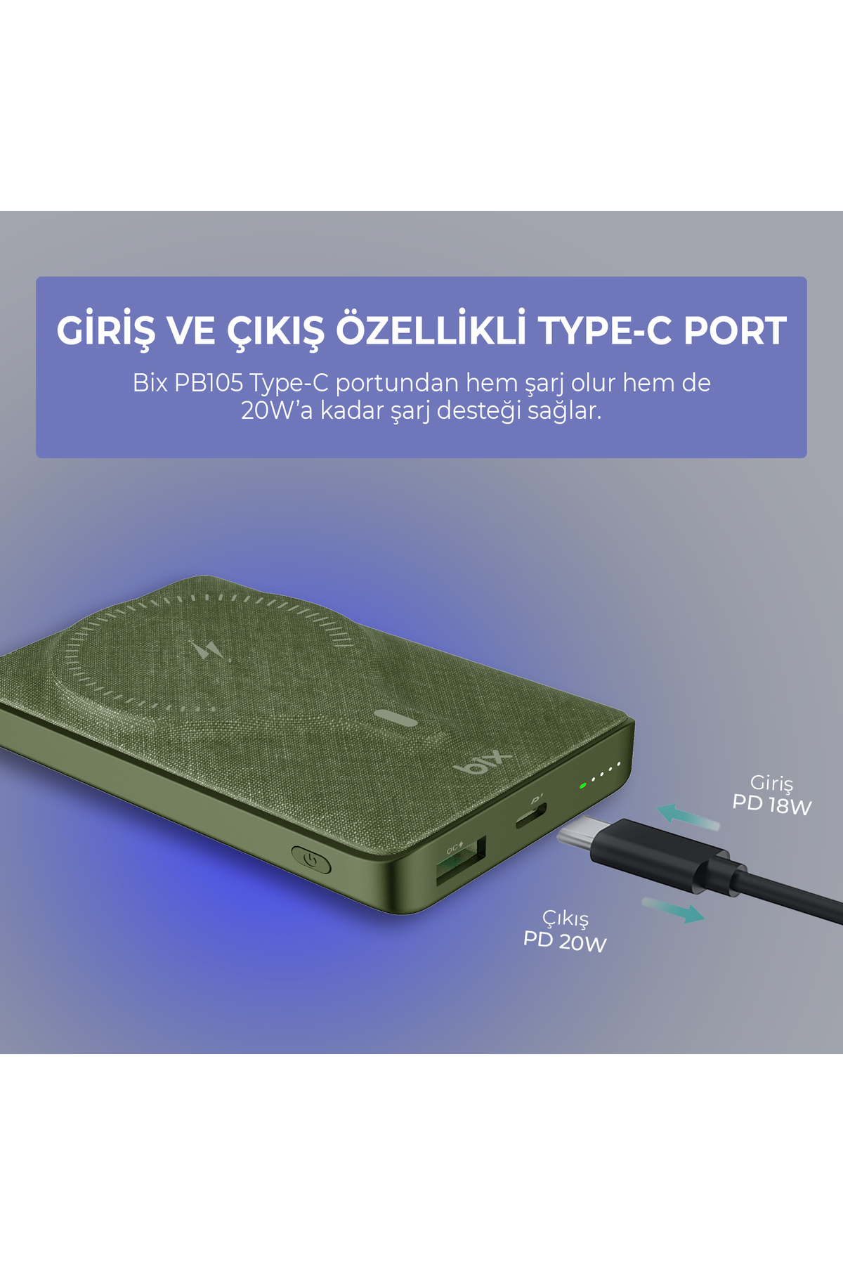پاوربانک PB105 10000MAH PD20W TYPE C USB A 15W وایرلس شارژ سریع با نشانگر LED اورجینال Bix