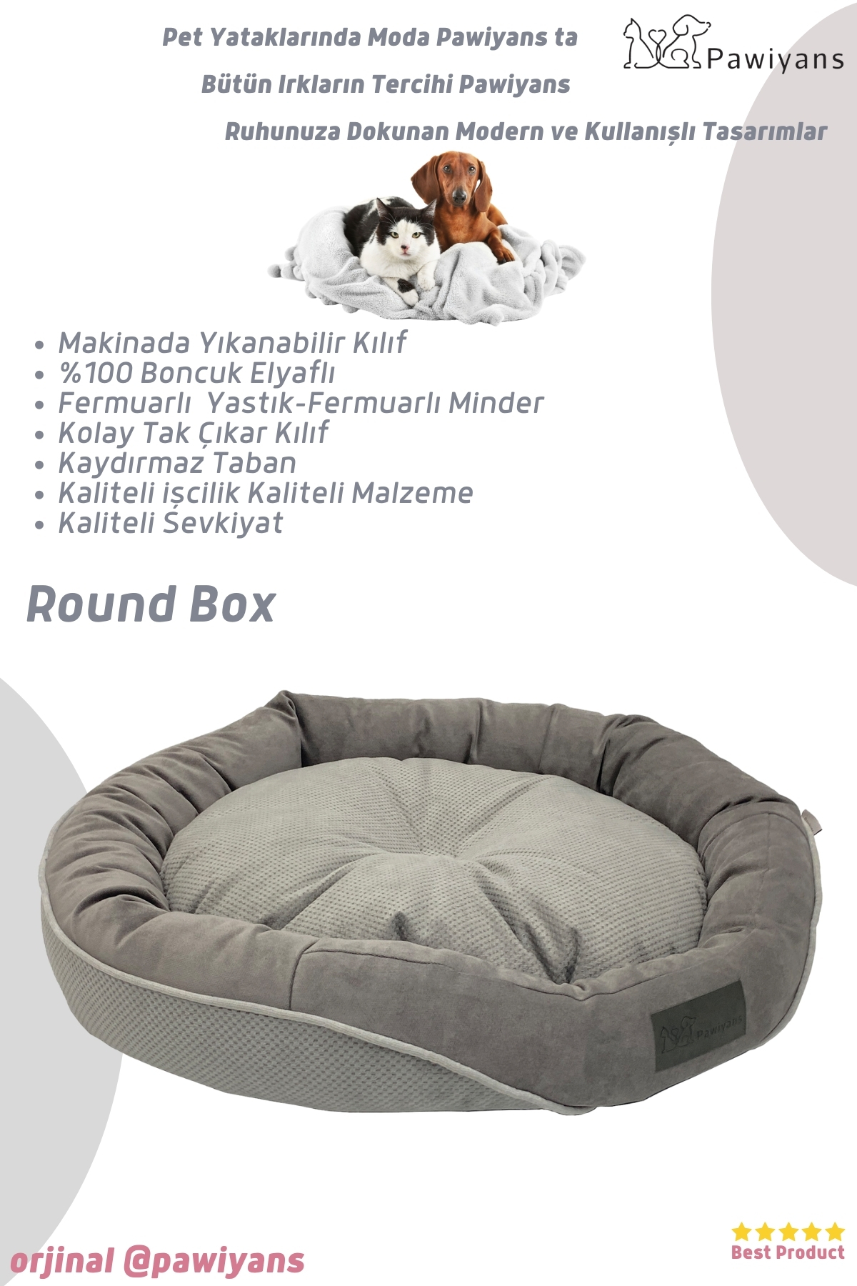 جای خواب حلقه‌ای گربه و سگ پاویانس PAWİYANS مدل P10390 خاکستری