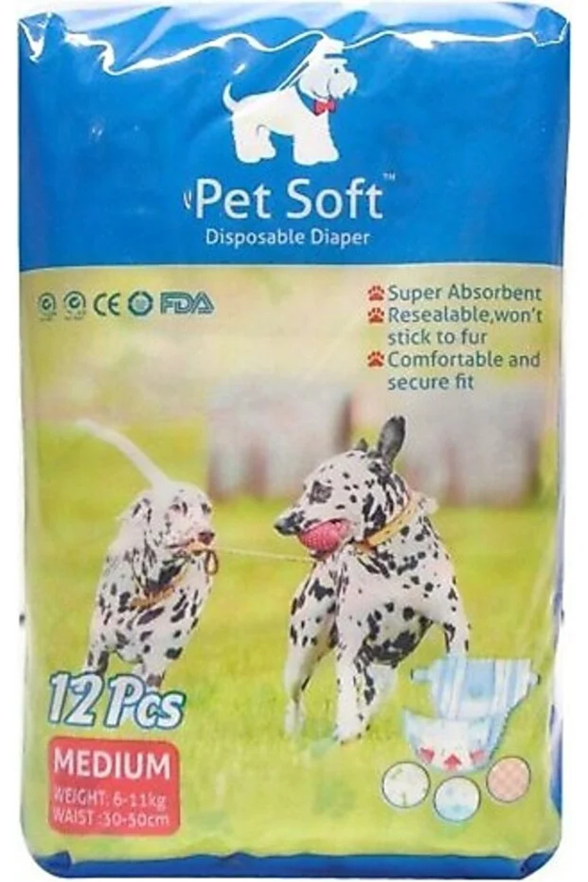 پوشک جذبی سگ ماده پت سافت Pet Soft، سایز متوسط ۳۰ تا ۵۰ سانتی‌متر، بسته ۱۲ عددی