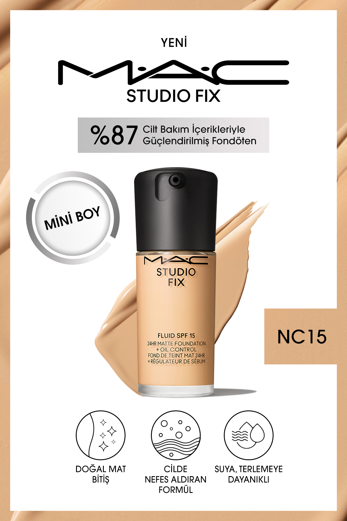 کرم پودر STUDIO FIX FLUID SPF 15 MINI MATTE FOUNDATION NC15 ML Mac