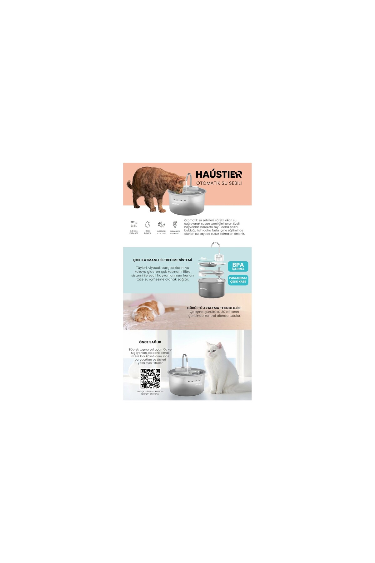 ست توالت خودکار هوشمند دوربین‌دار و ظرف غذای گربه هاوستایر Haustier، CB002، QQ003، WF009LS، مدل HST-SET98