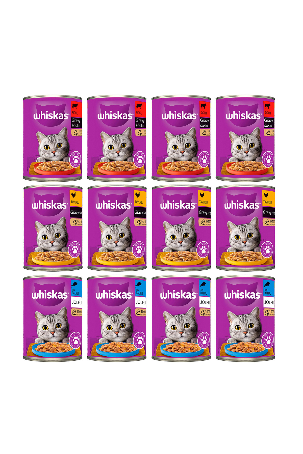 غذای کنسروی تر گربه ویسکاس Whiskas، تن ماهی، گوشت گاو و مرغ، ۱۲ قوطی ۴۰۰ گرمی
