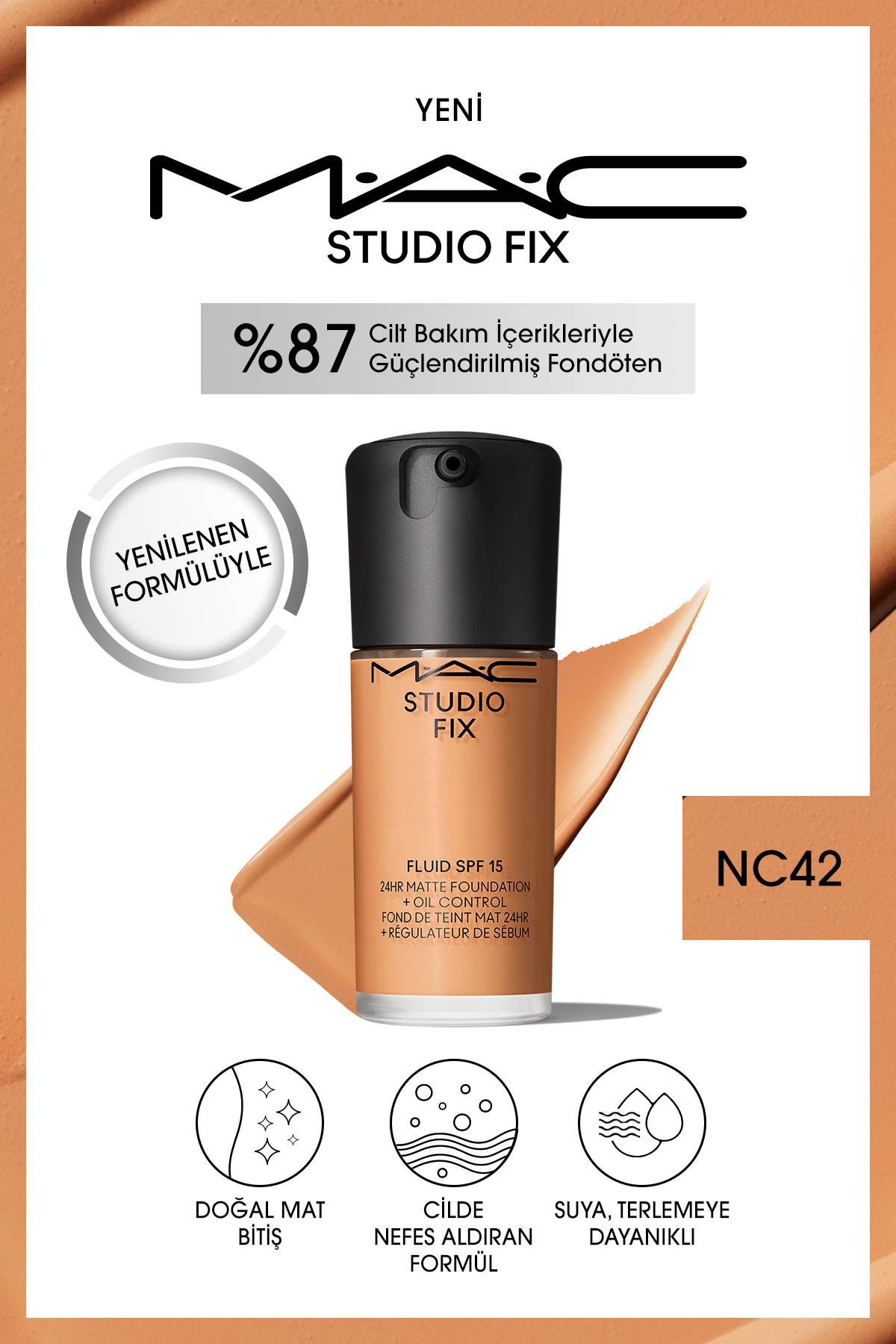 کرم پودر بنیاد MATT دائمی تا 24 ساعت استودیو رفع سیال SPF15 رنگ: NC42 30ML Mac