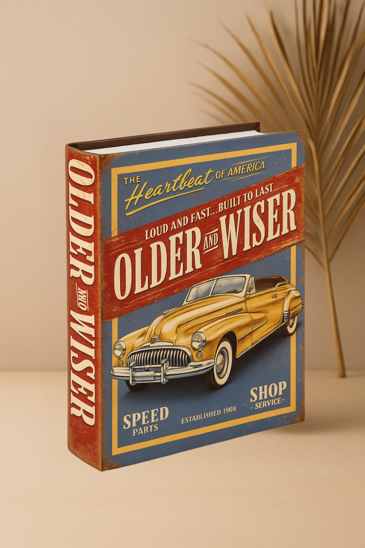 فیگور جعبه کتاب چوبی 1 قطعه گاراژ من دفتر سرگرمی هدیه THE HEARTBEAT OF AMERICA CAR OLD OLDER WISER Giftpoint