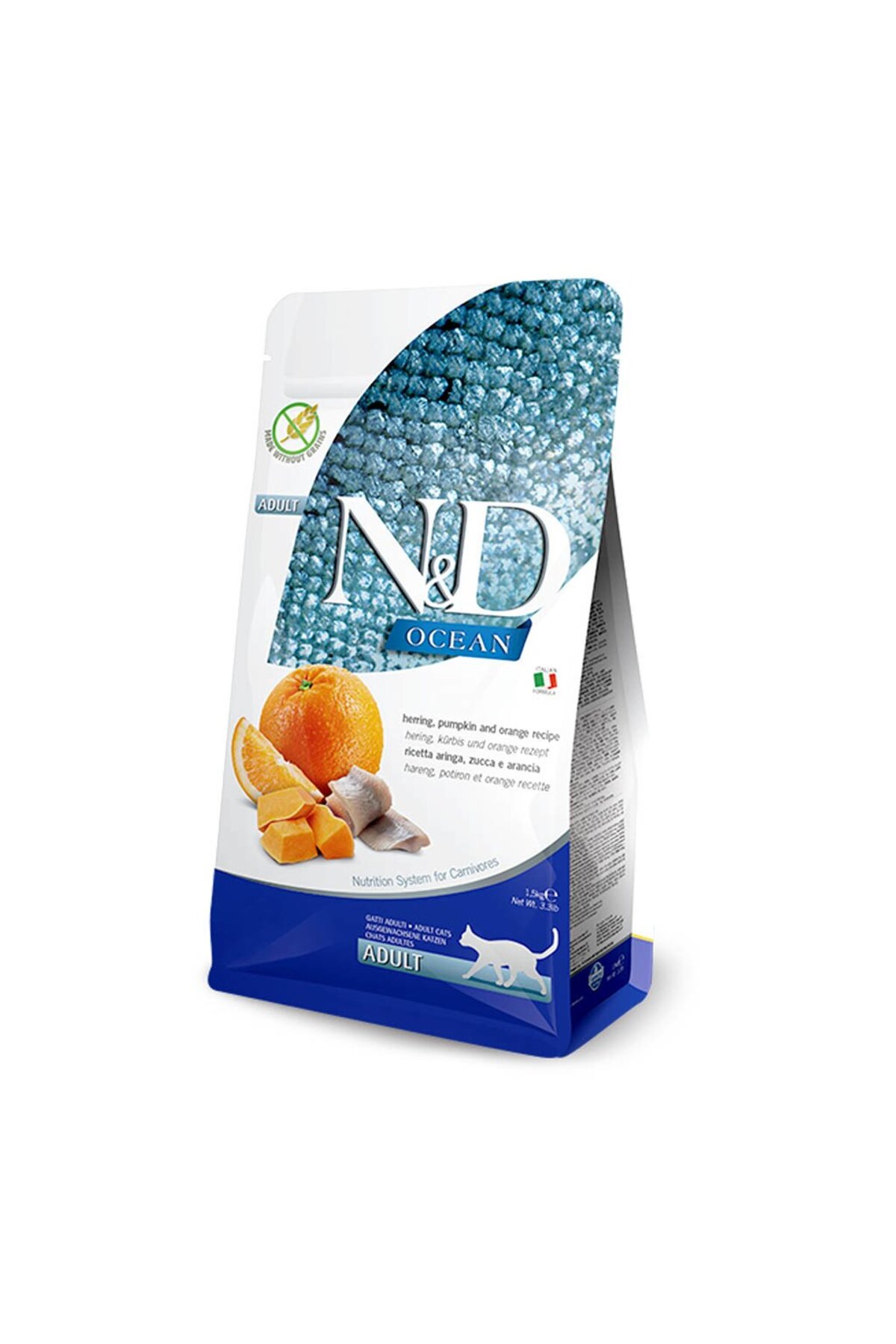 غذای خشک گربه بالغ با شاه‌ماهی و کدوحلوایی، ۱٫۵ کیلوگرمی ان‌اند‌دی N&D 1,5 KG