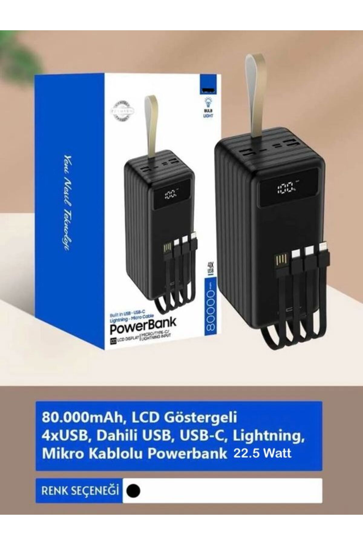 پاوربانک شارژ سریع 80000 میلی آمپر ساعتی 22.5 واتی | صفحه نمایش LCD لایتنینگ نوع C کابل میکرو 7 پورت اورجینال ÇELİKWORK