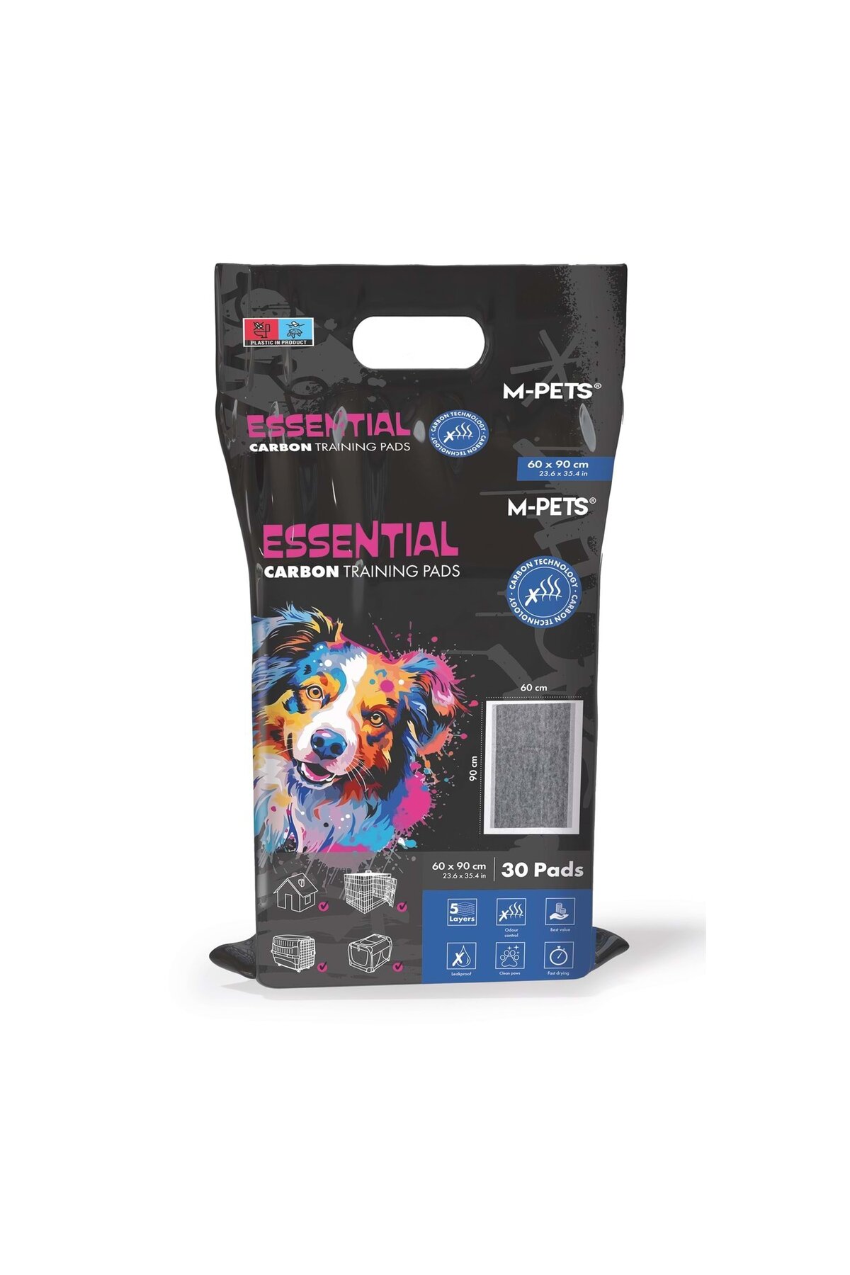 پد ادرار چسب‌دار کربنی Essential ام‌پتس M-PETS، ۶۰×۹۰ سانتی‌متر، بسته ۳۰ عددی
