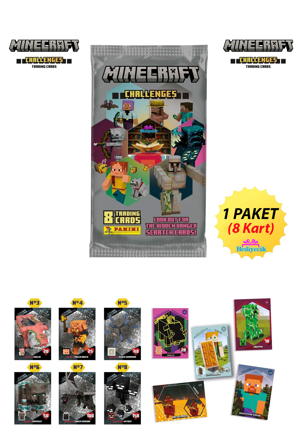 اسباب بازی های آموزشی کارت بازرگانی PANINI MINECRAFT CHALLENGES کلکسیونی 1 PACK 8 hediyecik
