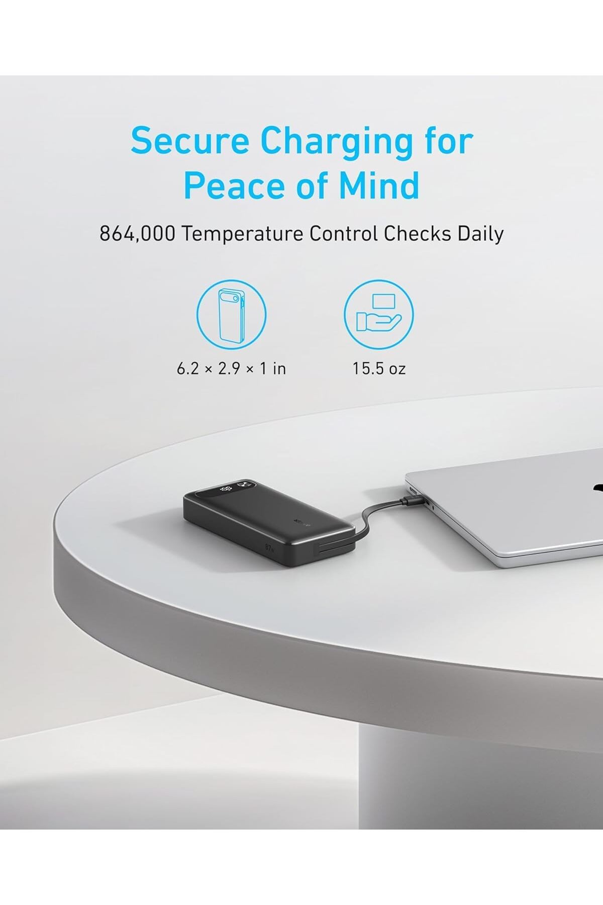 پاوربانک 20000 میلی آمپر ساعت 87 وات کابل USB C داخلی مشکی A1383 اورجینال Anker