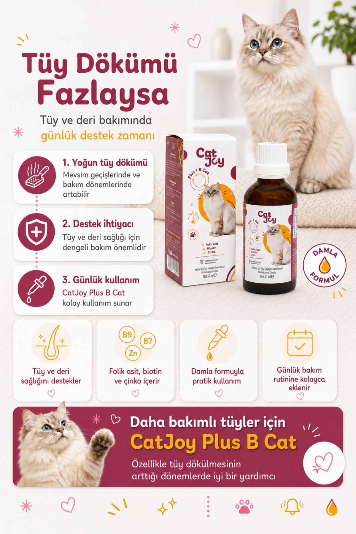 قطره پوست و موی گربه پلاس B کت‌جوی CATJOY، ۵۰ میلی‌لیتر