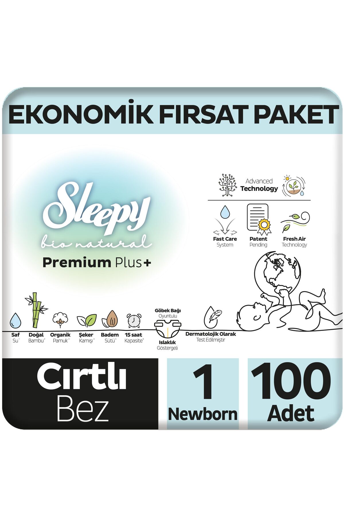 پوشک بچه بسته فرصت اقتصادی BIO NATURAL PREMIUM PLUS شماره 1 نوزاد 100 عدد اورجینال Sleepy