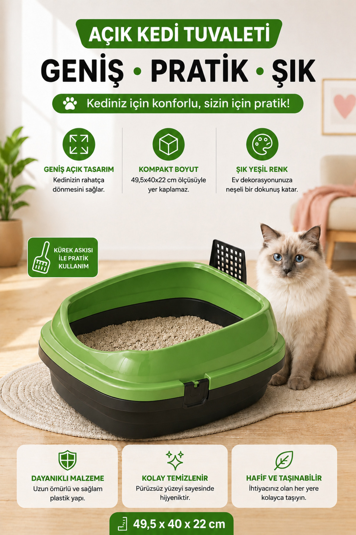 ظرف خاک گربه روباز ییلدیزهانه Yıldızhane Comfort، مدل Yeşil Apco، همراه بیلچه سبز