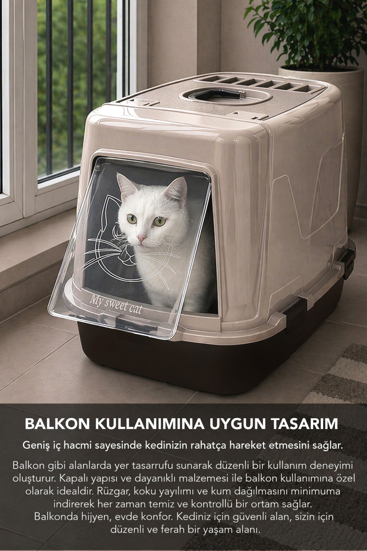 توالت گربه دربسته XXL Mega ملنی هوم Meleni Home، فیلتر بو و بیلچه همراه، بژ (MCH-4203)