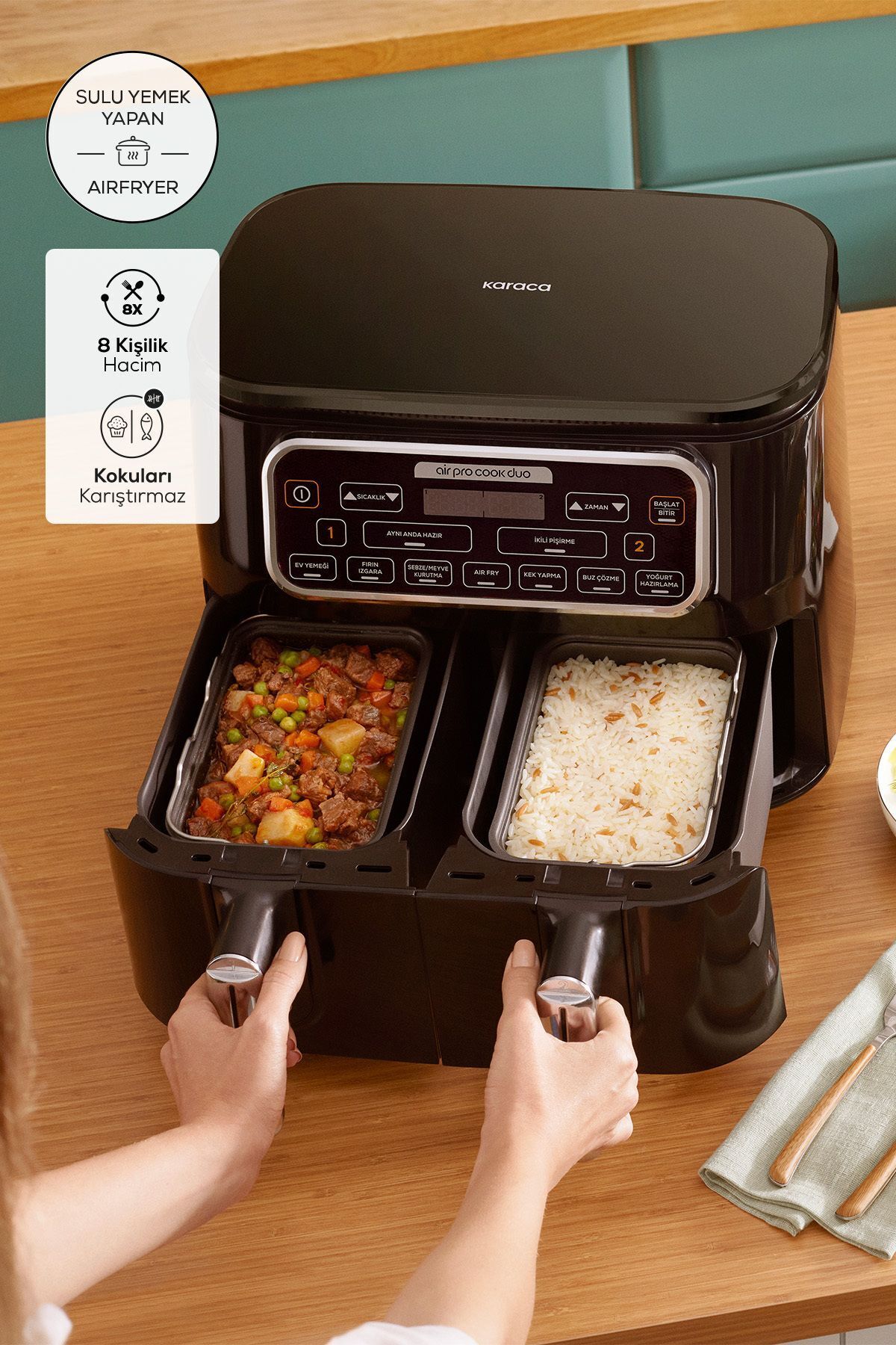 سرخ کن AIR COOK DUO غذای خانگی XXXL 4+4 لیتری AIRFRYER STARLIGHT برای 8 نفر اورجینال Karaca