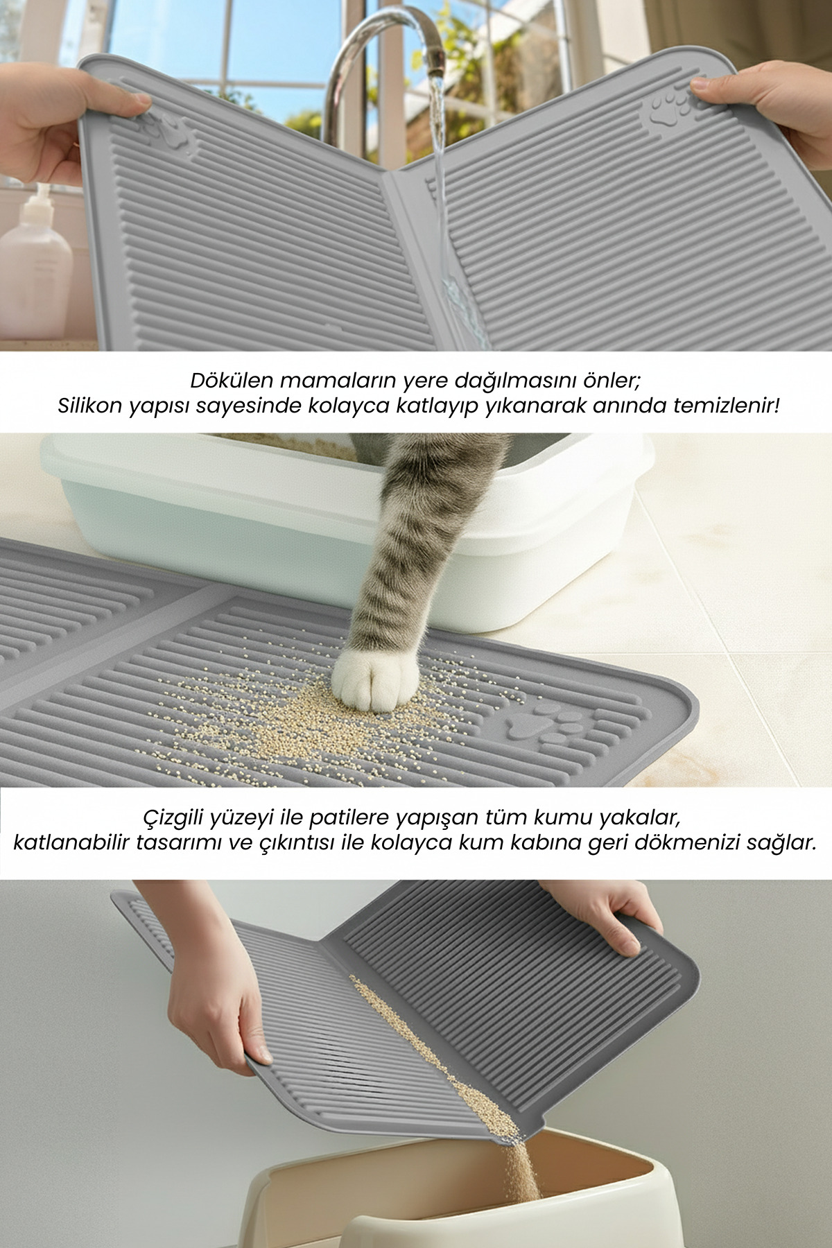 پادری سیلیکونی حوضچه‌دار و قابل شست‌وشوی گربه آتا هوم ATA HOME، مدل KKM-GRİ خاکستری