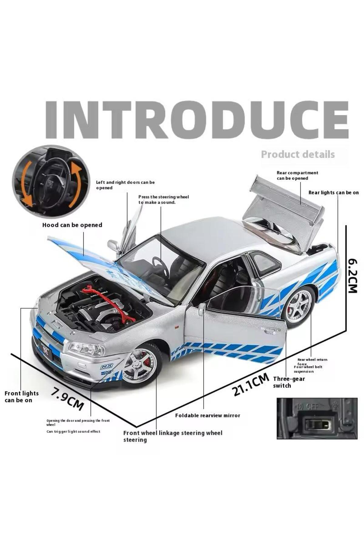 مدل خودرو FAST AND FURIOUS DIECAST 2002 NISSAN SKYLINE GTR R34SILVER BLUE مقیاس 1:24 با صدا و نور اورجینال scntoys