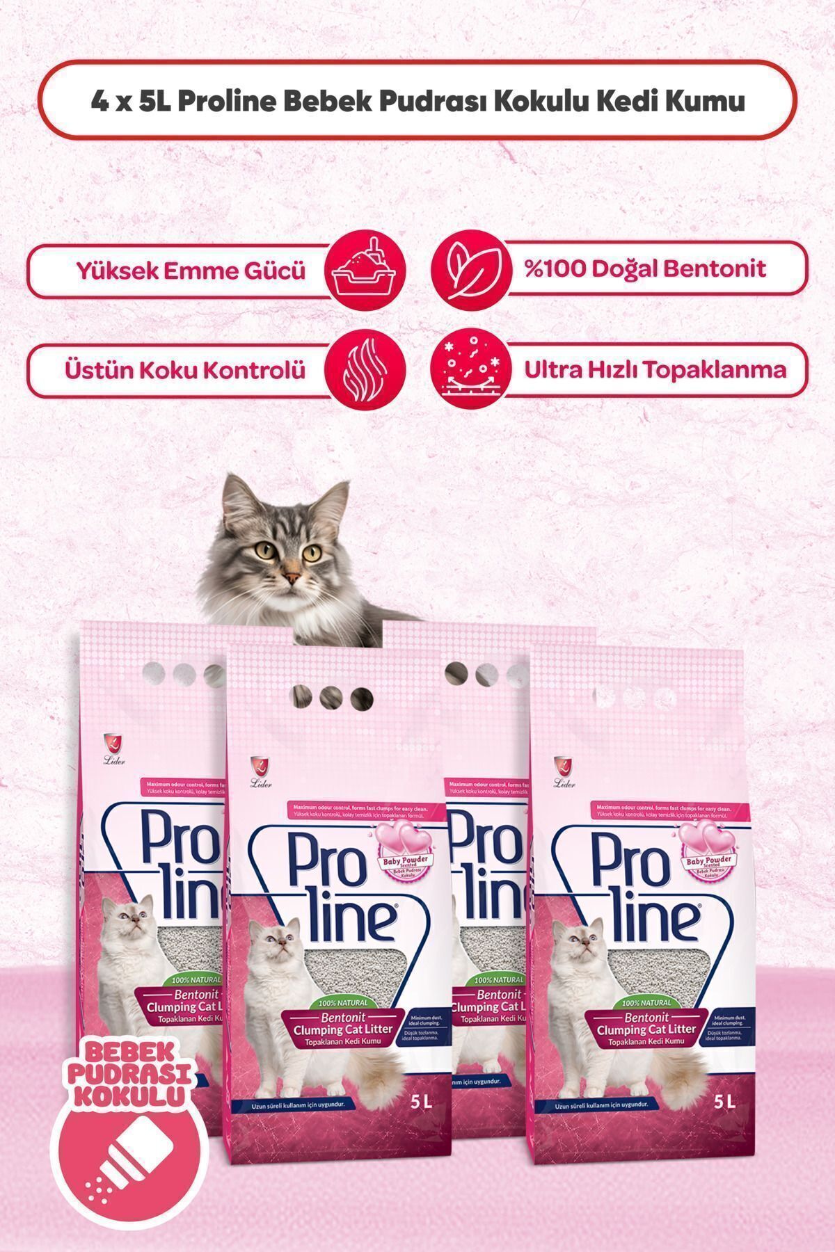 خاک گربه بنتونیتی معطر با رایحه پودر بچه، ۴ بسته ۵ لیتری پرولاین Proline