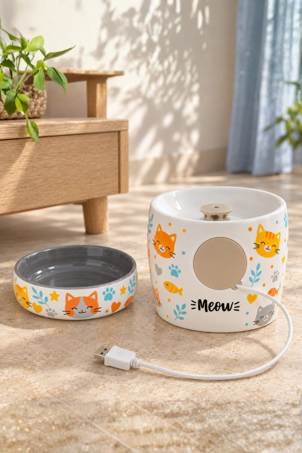 ست آبخوری فواره‌ای و ظرف غذای سگ و گربه پاویچی Pawicci، ۲ تکه، مشکی و چراغ‌دار 1.3 L