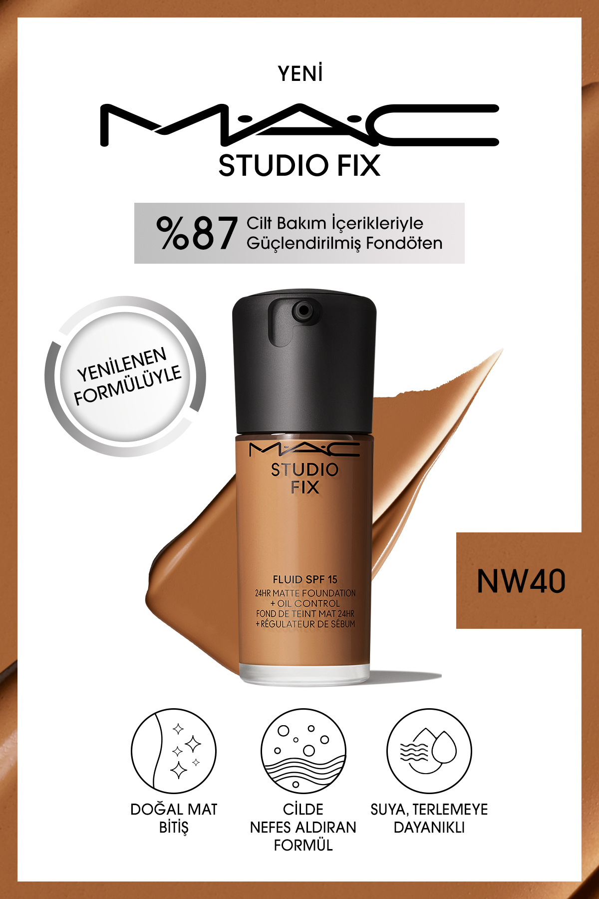کرم پودر بنیاد دائمی مت تا 24 ساعت استودیو رفع سیال SPF15 رنگ: NW40 30ML Mac