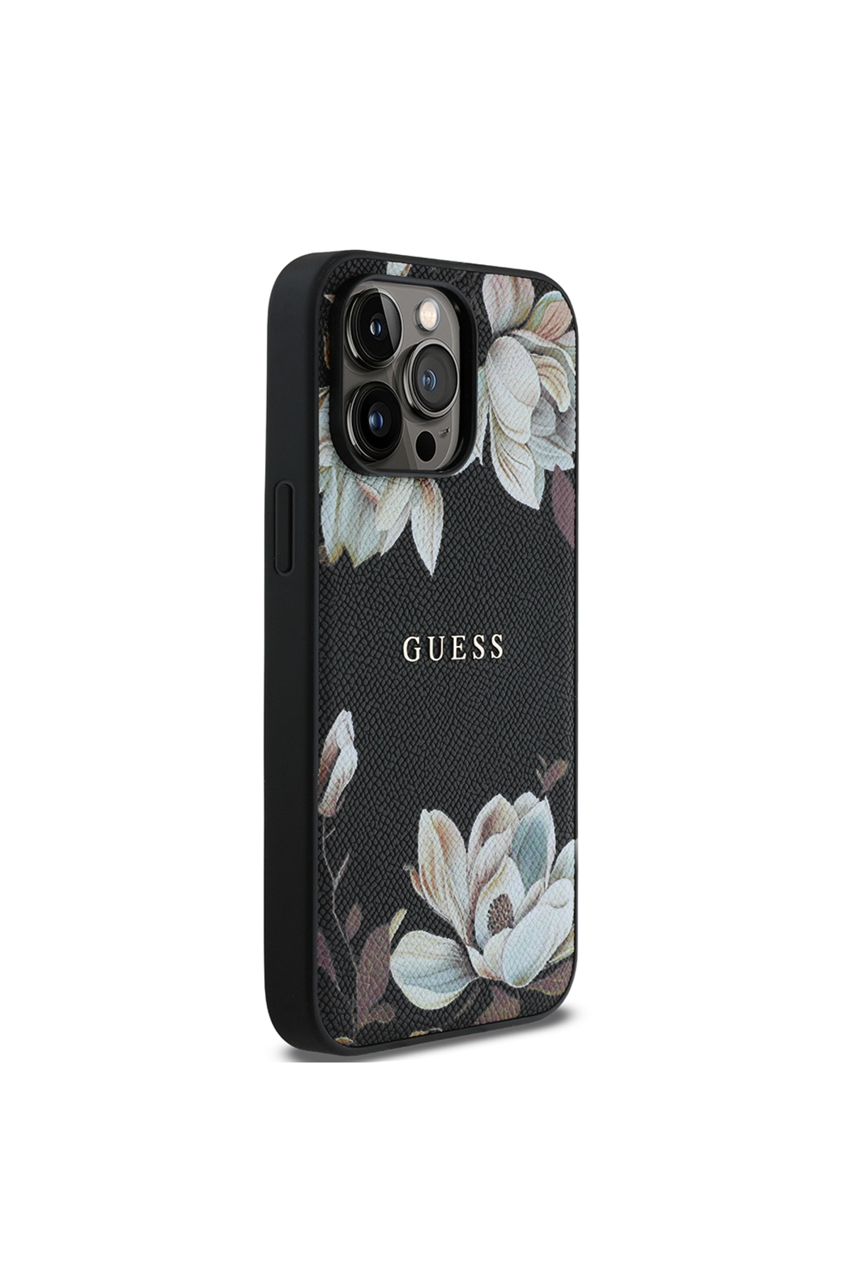 کاور و قاب سازگار با IPHONE 14 PRO MAX GUESS دارای مجوز M SAFE برجسته فلزی گل دانه دار مشکی اورجینال Guess