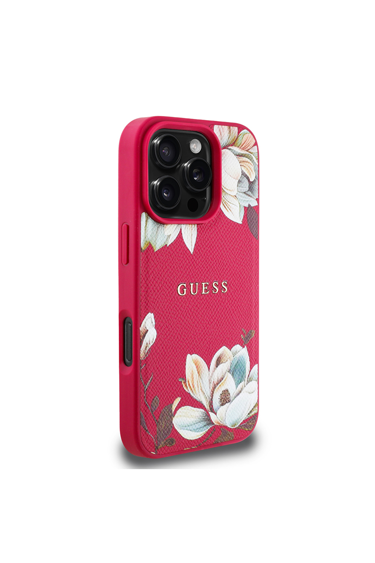 کاور و قاب IPHONE 16 PRO MAX CASE GUESS COMPATIBLE MAGSAFE CHARGING ویژه طرح گل متن لوگو جلد فوشیا اورجینال Guess