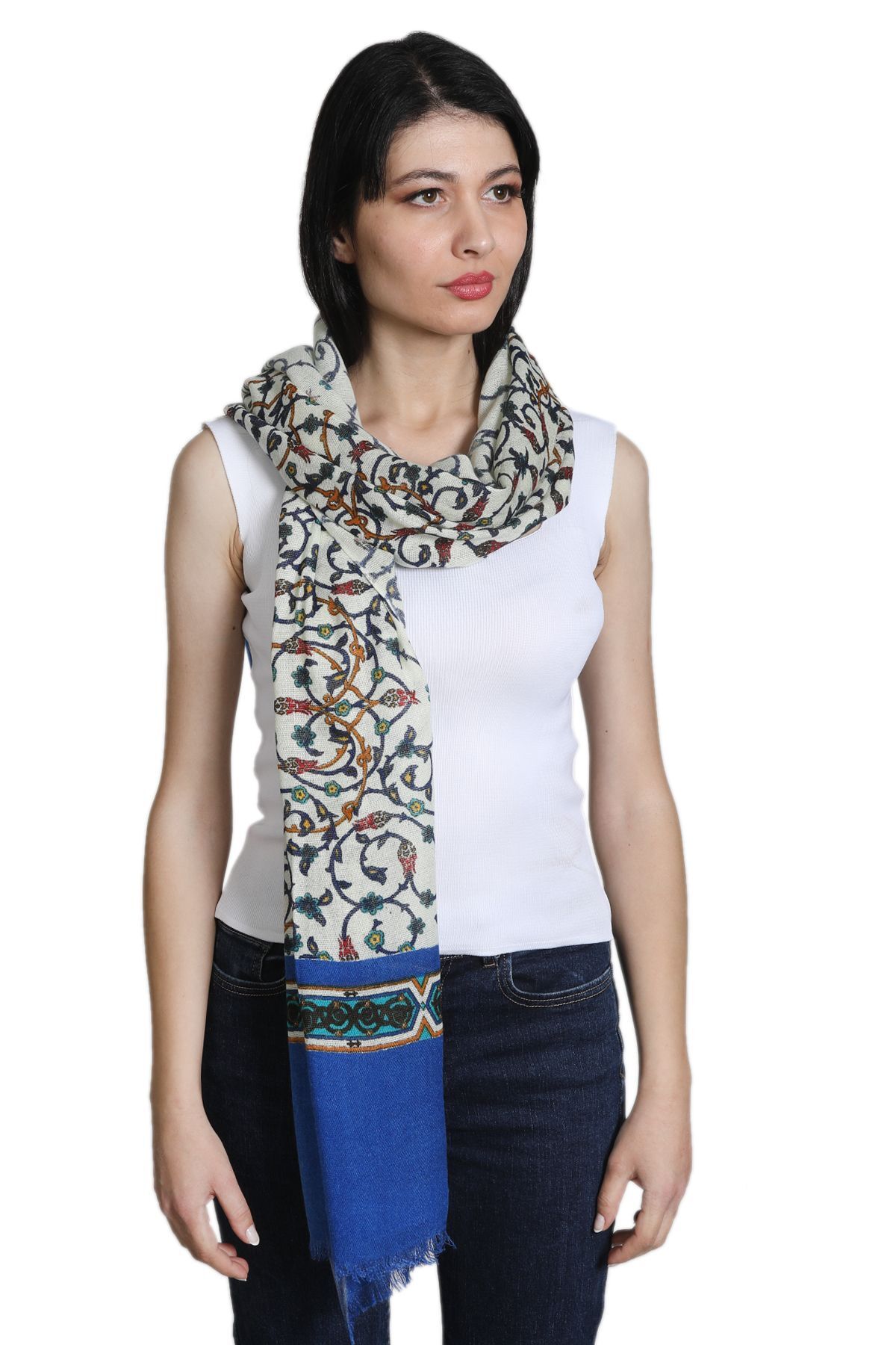 شال زنانه ابریشم و کتان میستیک Mystic مدل MS-339، بژ و نیلی