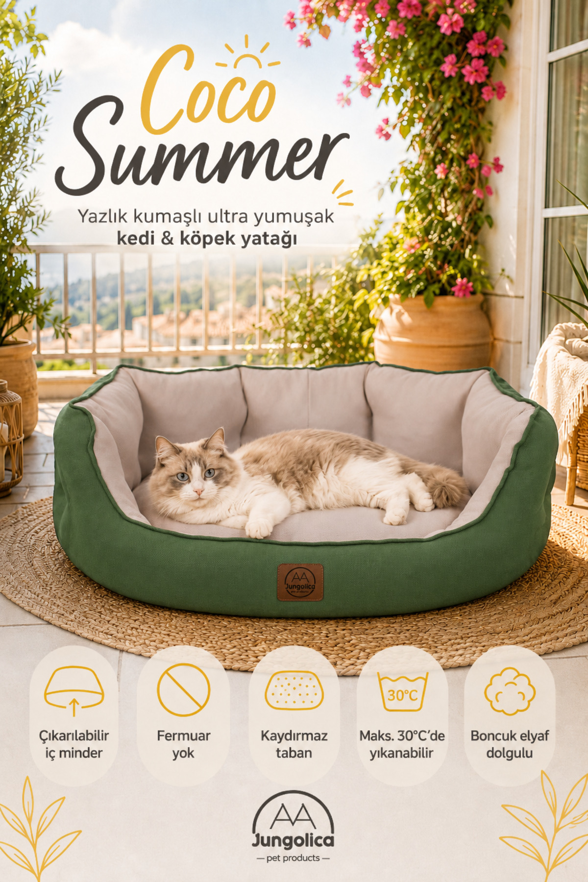 جای خواب بالشتی گربه و سگ جنگولیکا پت پروداکتس Jungolica Pet Products Coco Summer مدل JPP74، پارچه تابستانی، کف ضدلغزش، خاکی