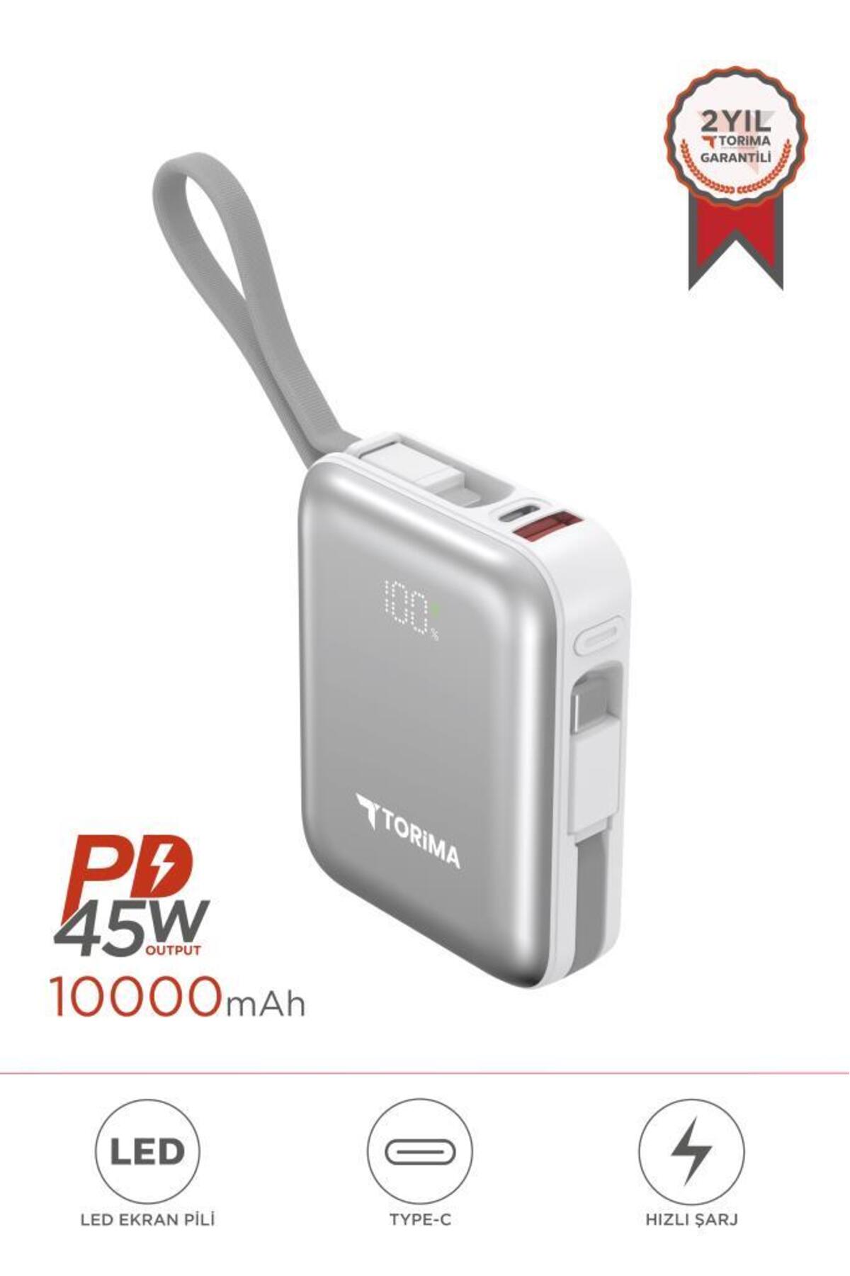 پاوربانک شارژ سریع 45 واتی لایتنینگ TYPE C 10000 میلی آمپری TRM 1018 سفید با نشانگر دیجیتال اورجینال Torima