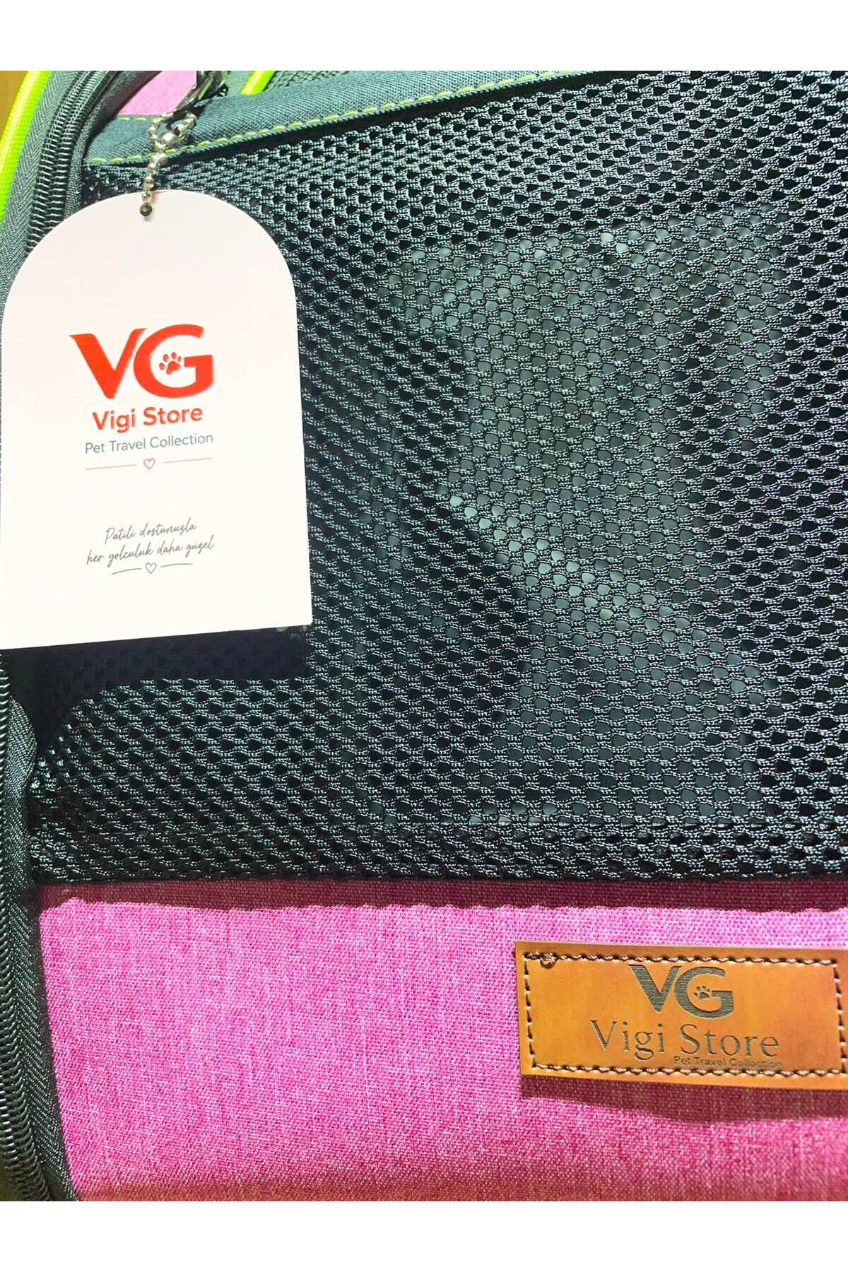 کوله‌پشتی حمل گربه و سگ ویگی استور VİGİ STORE مدل VGİ1، توری با جزئیات سبز نئونی و ظرفیت ۱۰ کیلوگرم صورتی