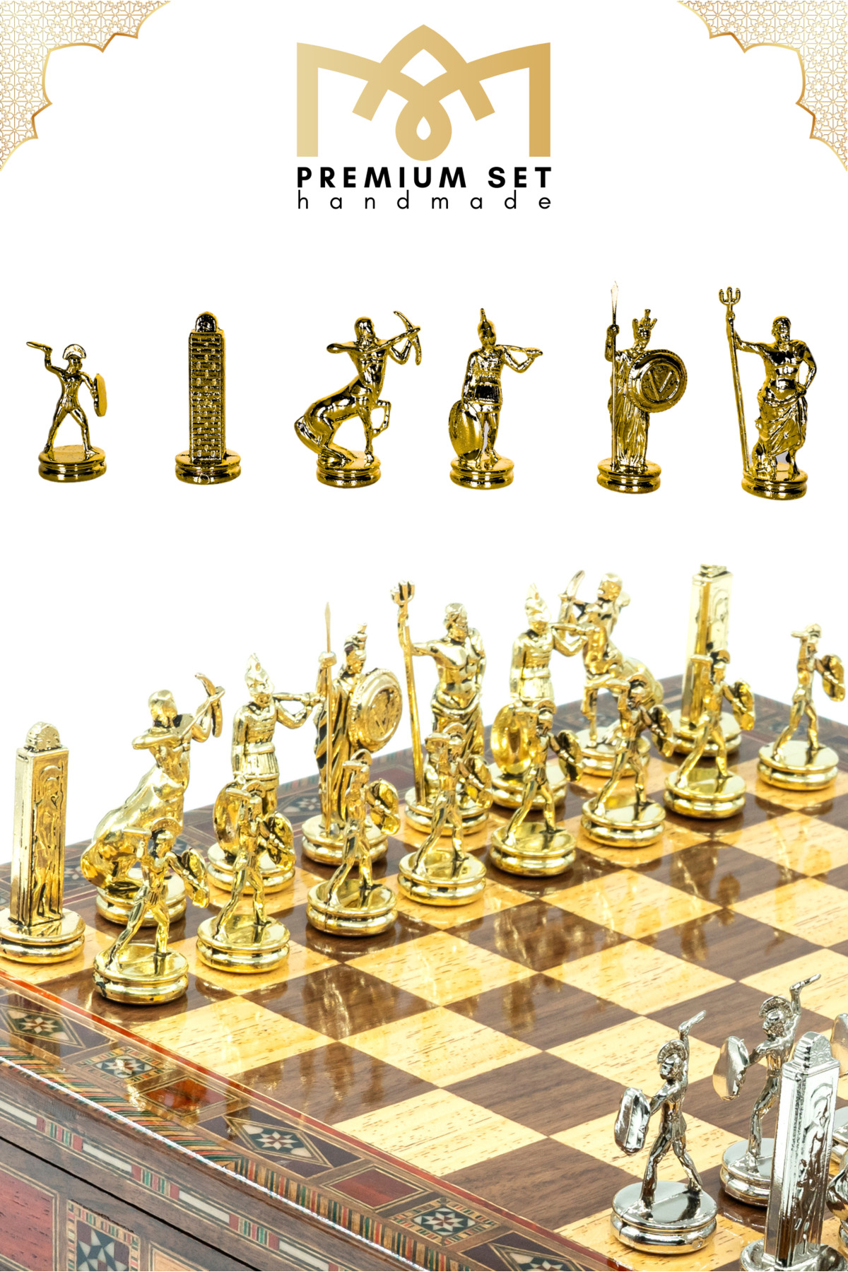 شطرنج ست فلزی چوب جامد 36 سانتی متری با جعبه گردو اسطوره یونان باستان پوزئیدون Cooper Chess
