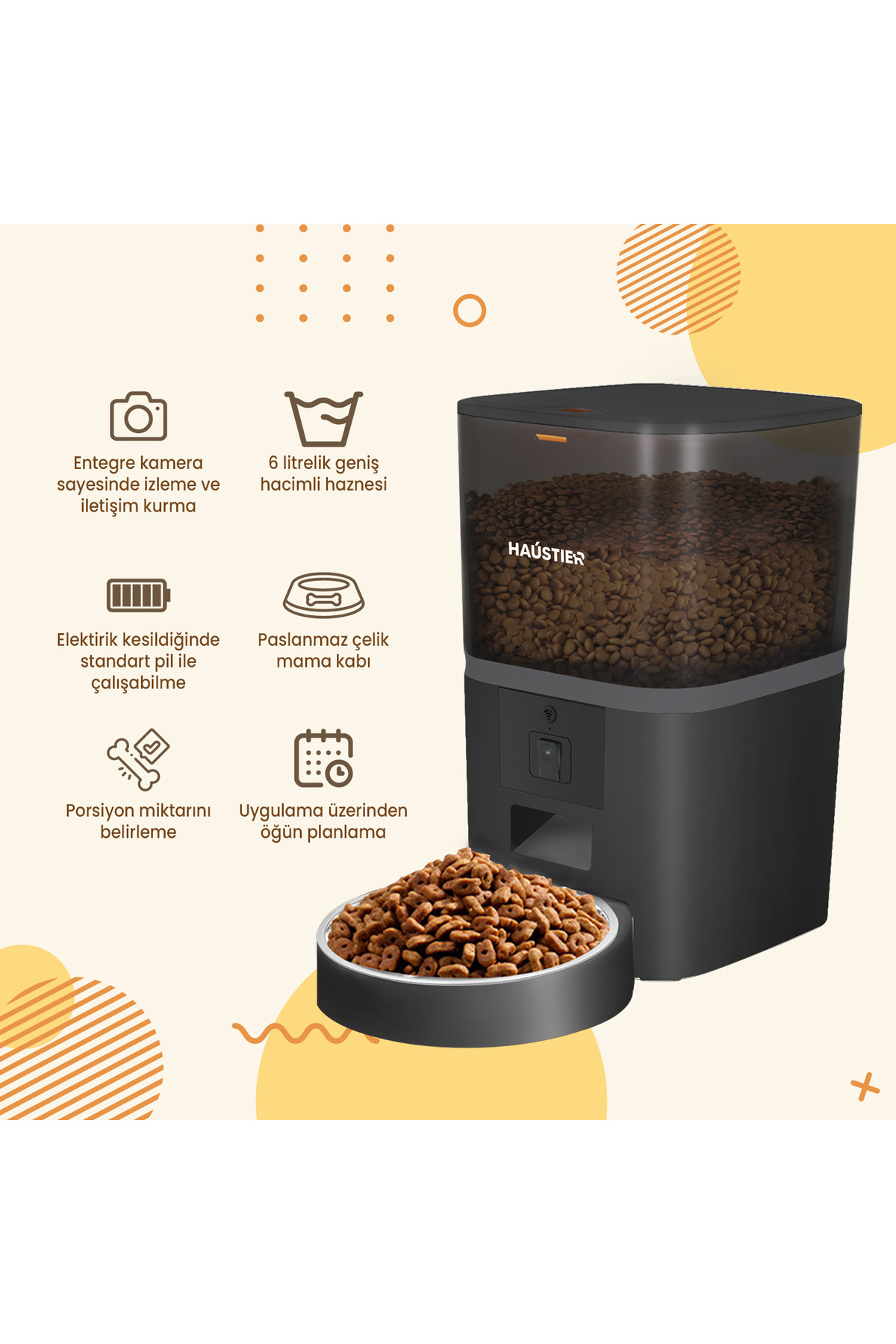 ست ظرف غذای هوشمند دوربین‌دار QQ005 مشکی و آب‌نمای WF009LS-M هاوستایر Haustier