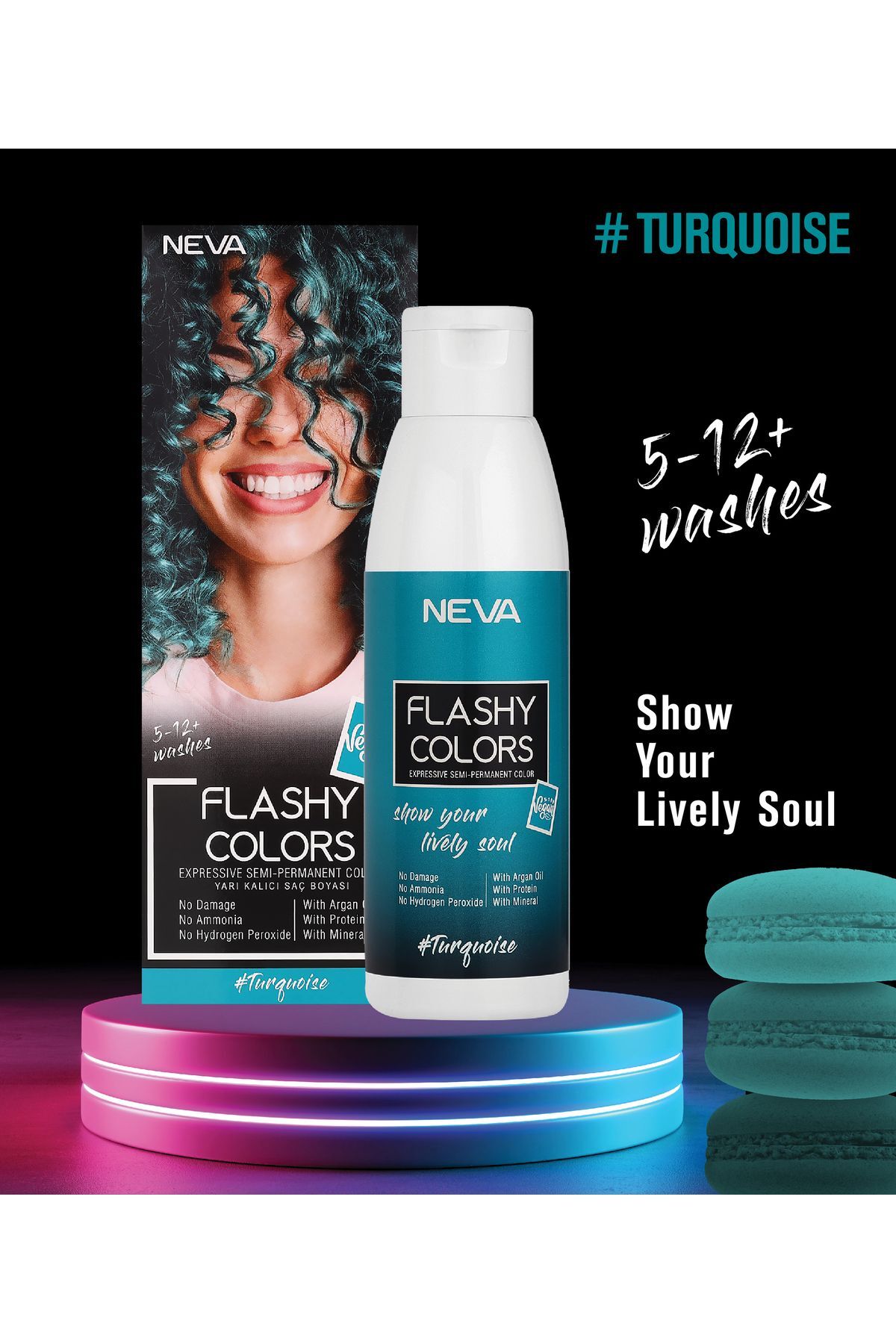 رنگ موی نیمه دائمی آبی فیروزه‌ای 100ml مناسب برای همه جنسیت‌ها Neva Flashy Colors