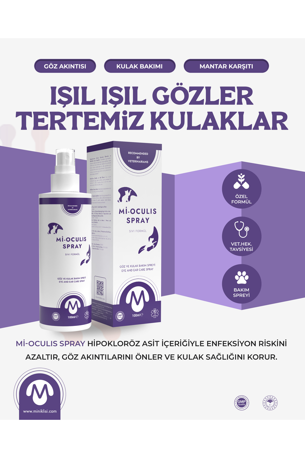 اسپری مراقبت چشم و گوش گربه و سگ مینیکلیسی Miniklisi Mi-Oculis با اسید هیپوکلروس