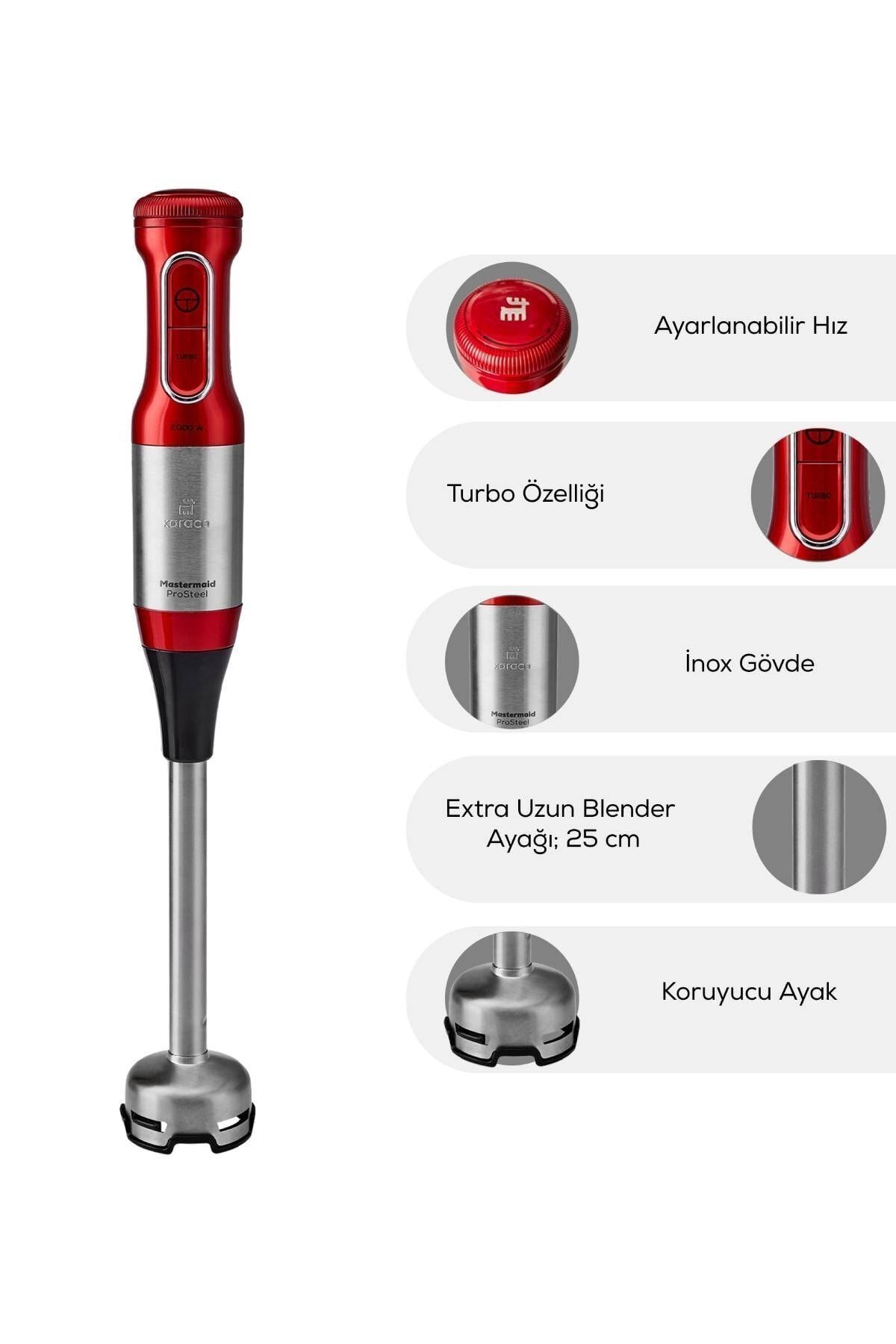 ست مخلوط کن غذاساز شیشه ای MASTERMAID PROSTEEL GLASS LONG FEET 6 BLADES 2500 W IMPERIAL RED اورجینال Karaca