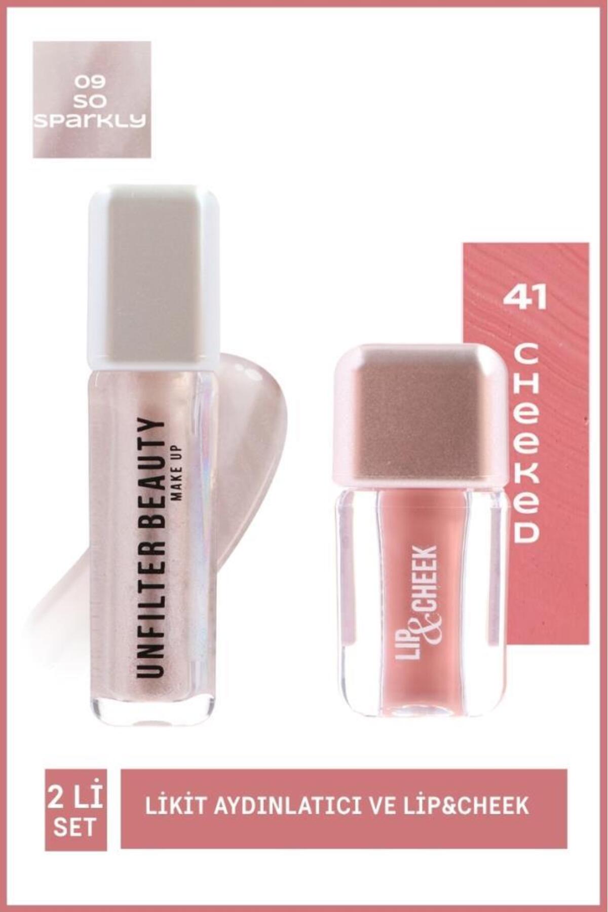 ترکیب هایلایتر مایع 09 So Sparkly و Lip&Cheek 41 Cheeked آنفیلتر بیوتی Unfilter Beauty بژ