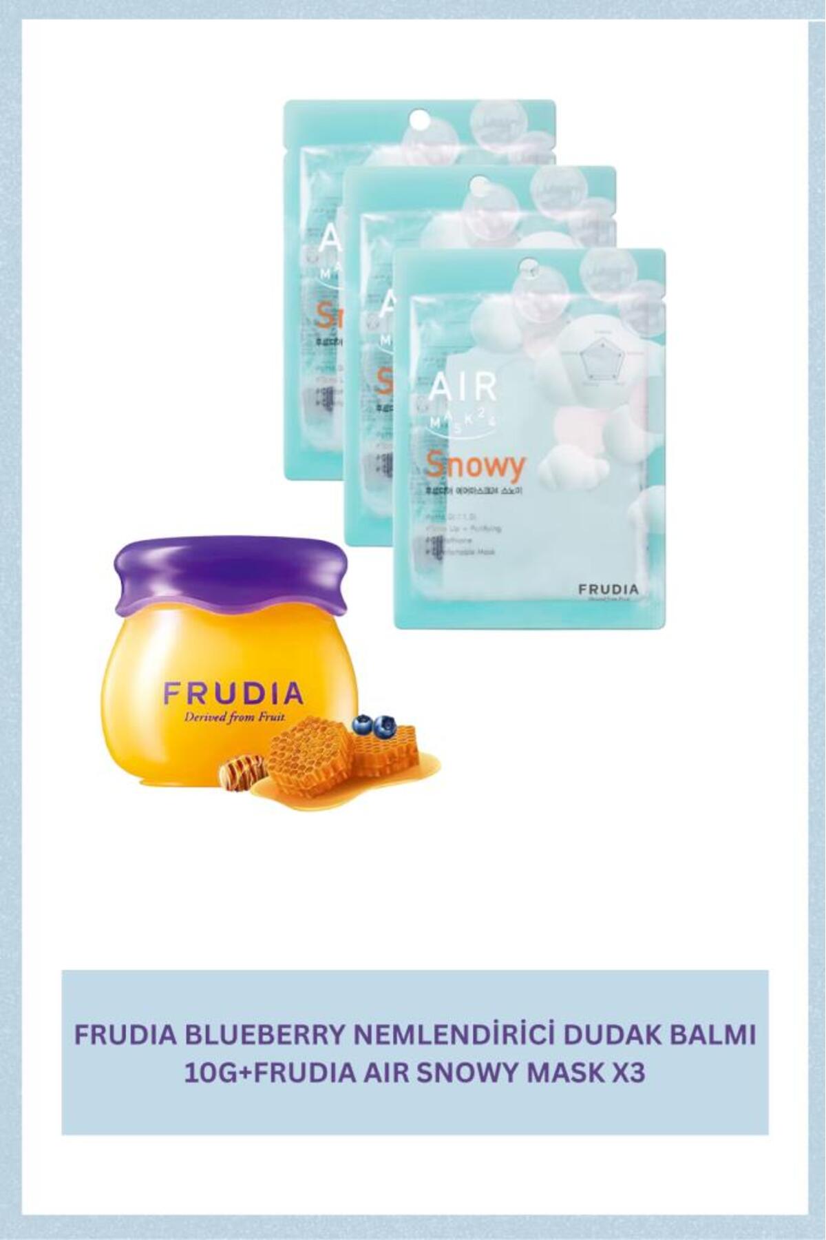 بسته بالم لب مرطوب‌کننده بلوبری ۱۰ گرمی و Air Snowy Mask X3 فرودیا FRUDIA