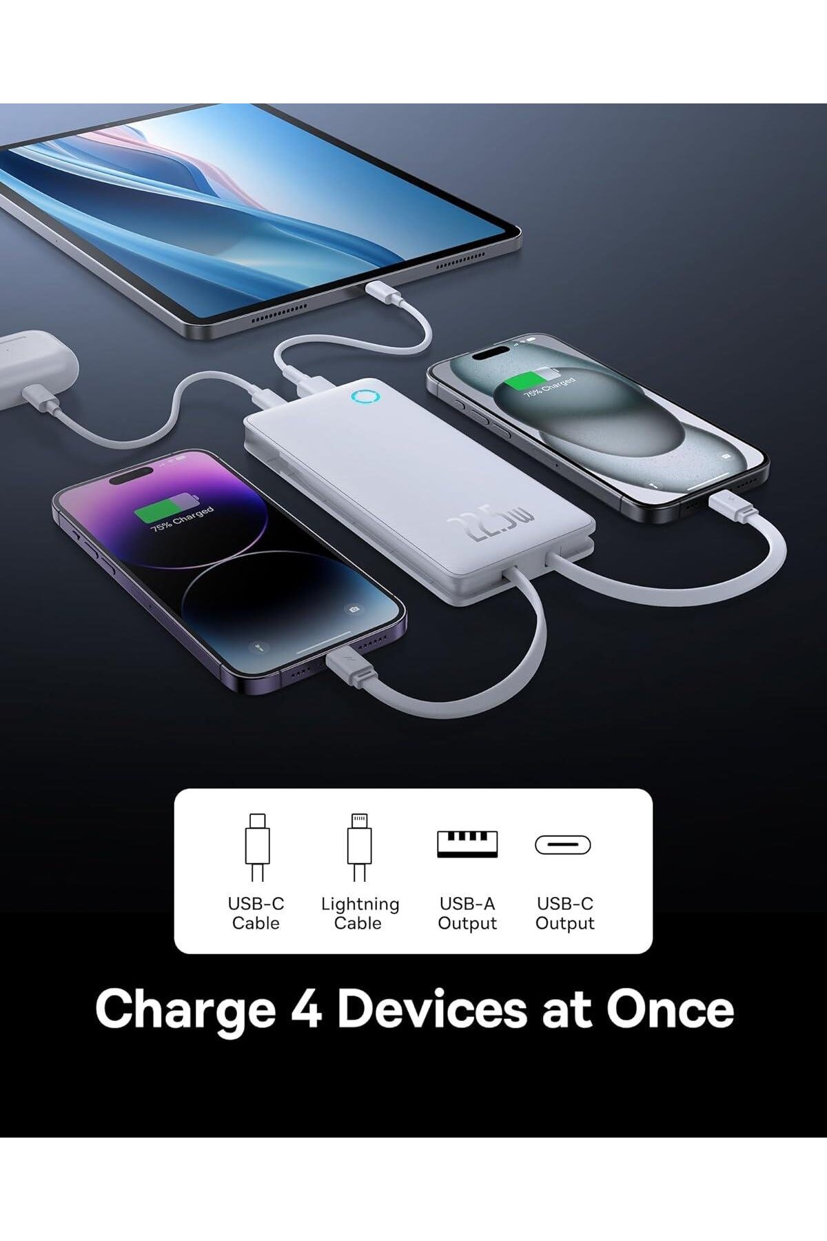 پاوربانک AIRPOW LITE 10000 MAH 22.5W با یکپارچه TYPE C و کابل لایتنینگ سفید اورجینال Baseus