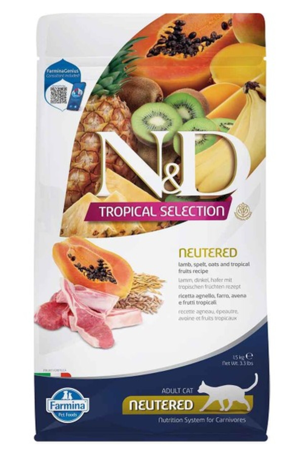 غذای خشک گربه ان‌انددی N&D Tropical Selection، کم‌غلات با گوشت بره و میوه‌های گرمسیری، ۱٫۵ کیلوگرم