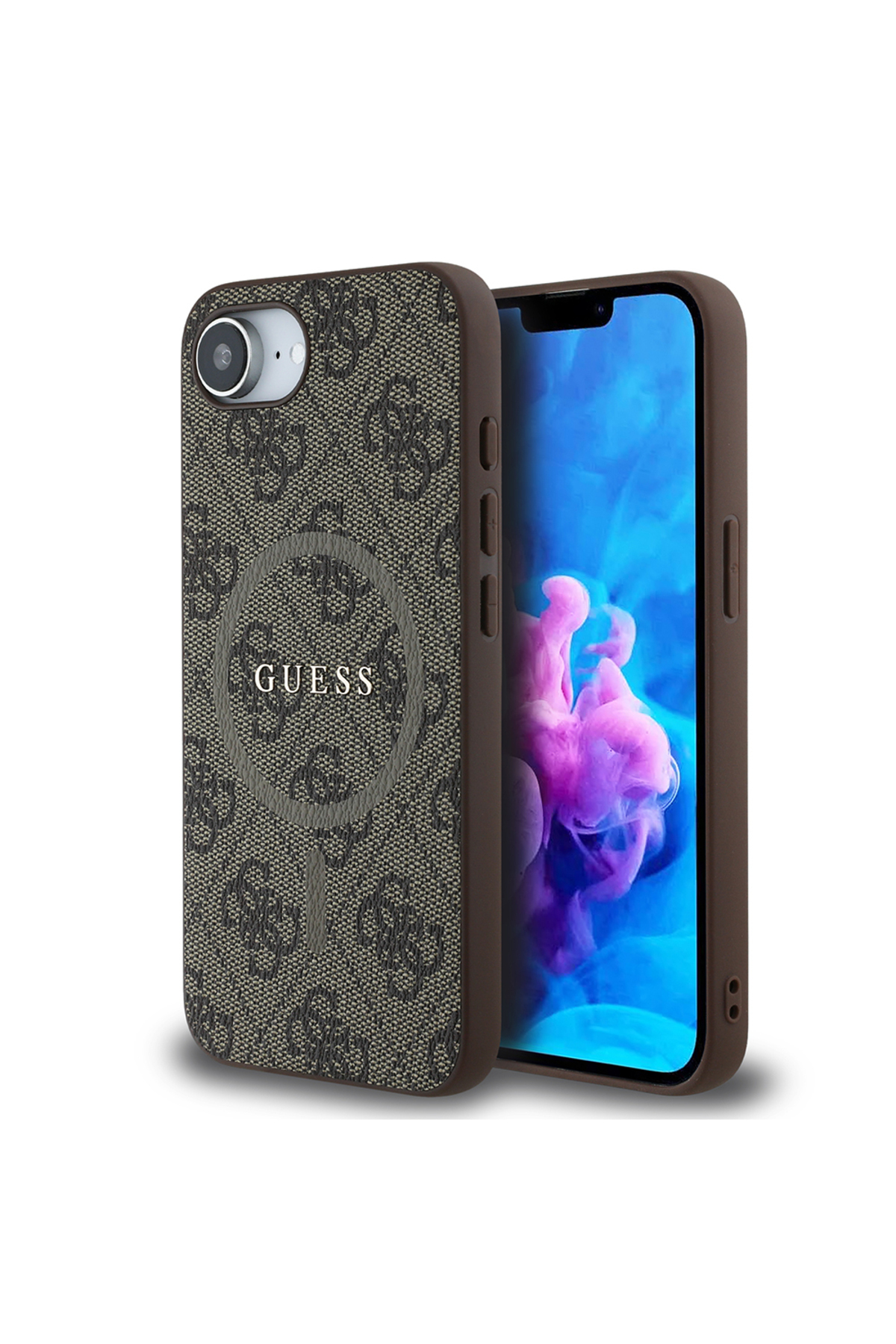کاور و قاب سازگار با IPHONE 16E دارای مجوز M SAFE حلقه PU 4G روی جلد لوگوی متنی طرح دار قهوه ای اورجینال Guess