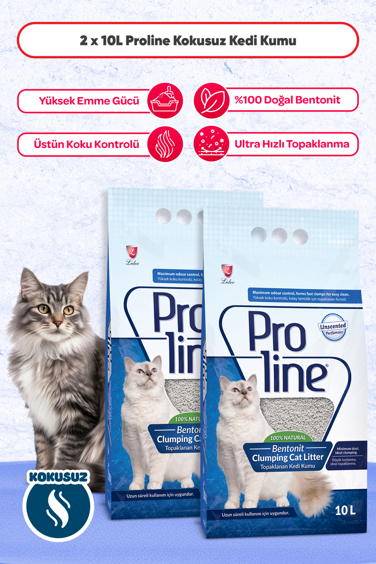 خاک گربه بنتونیتی بی‌بو پرولاین Proline، ۲ بسته ۱۰ لیتری