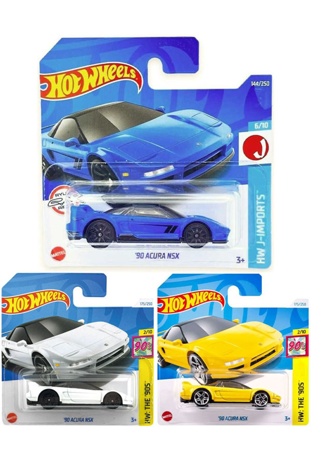 ماشین اسباب بازی 3 وسیله نقلیه '90 ACURA NSX مجموعه زرد و قرمز آبی 1 64 هات ویلز اورجینال HOT WHEELS