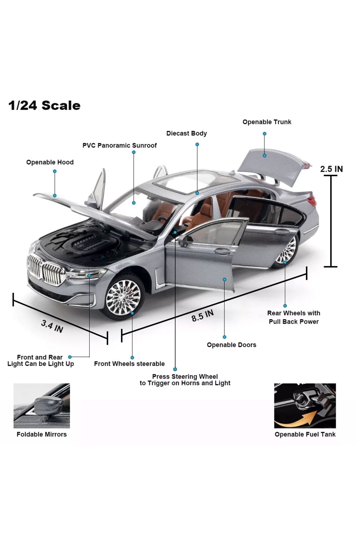 مدل خودرو BMW 760 CAR 7 SERIES 1:24 DIECAST METAL MODEL COLLECTION با صدا و نور اورجینال scntoys