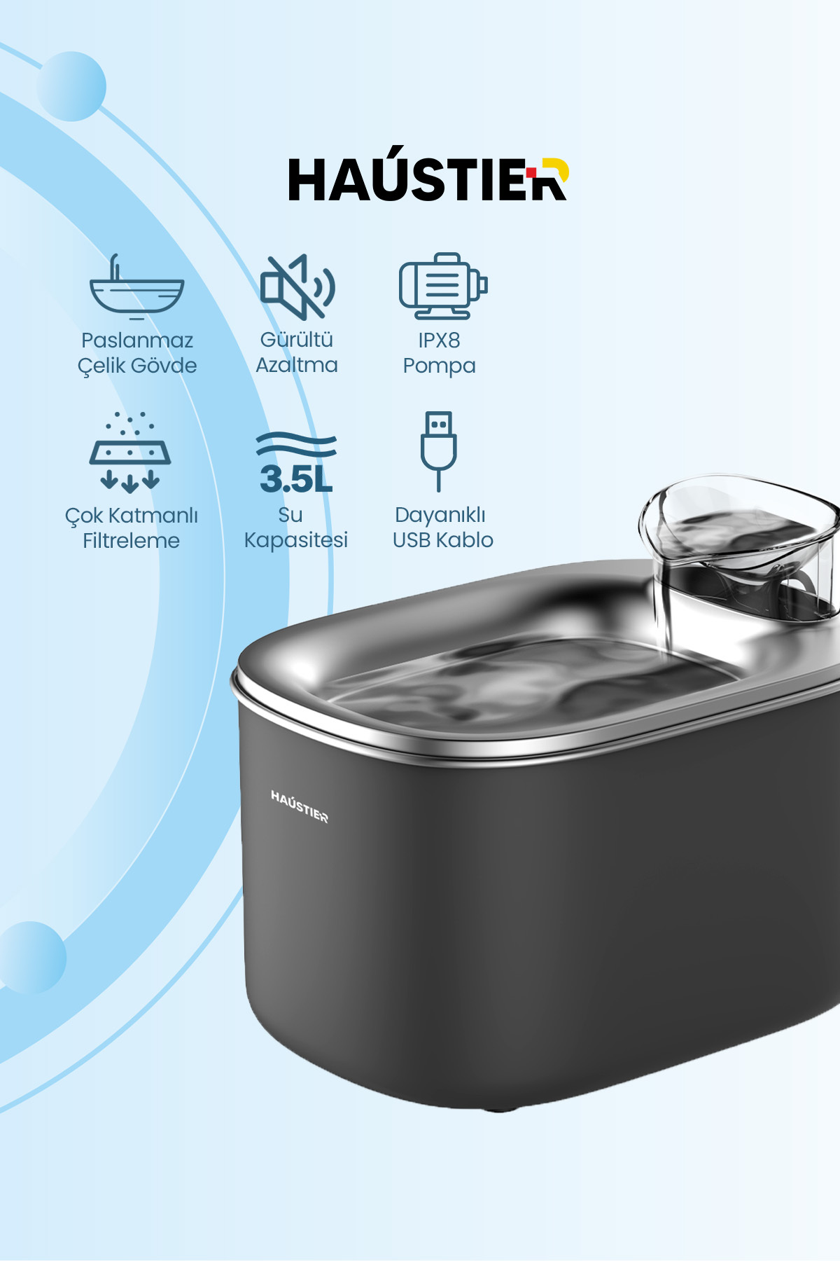 آبخوری خودکار گربه هاوستایر Haustier WF007L، مخزن ۳٫۵ لیتری و سینی فلزی unisex مشکی