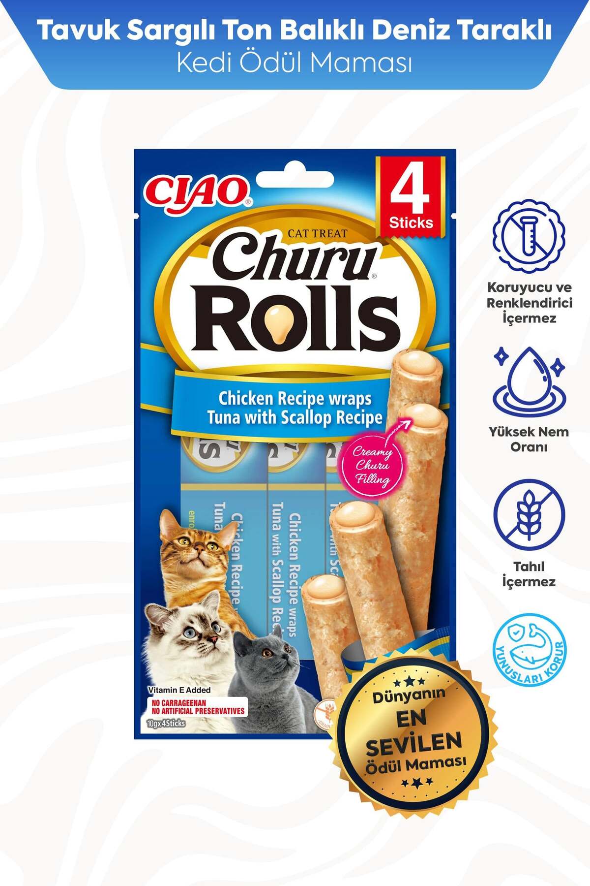 تشویقی گربه اینابا Inaba Ciao Churu Rolls Sticks با گوش‌ماهی، روکش مرغ و ماهی تن، ۴ × ۱۰ گرم