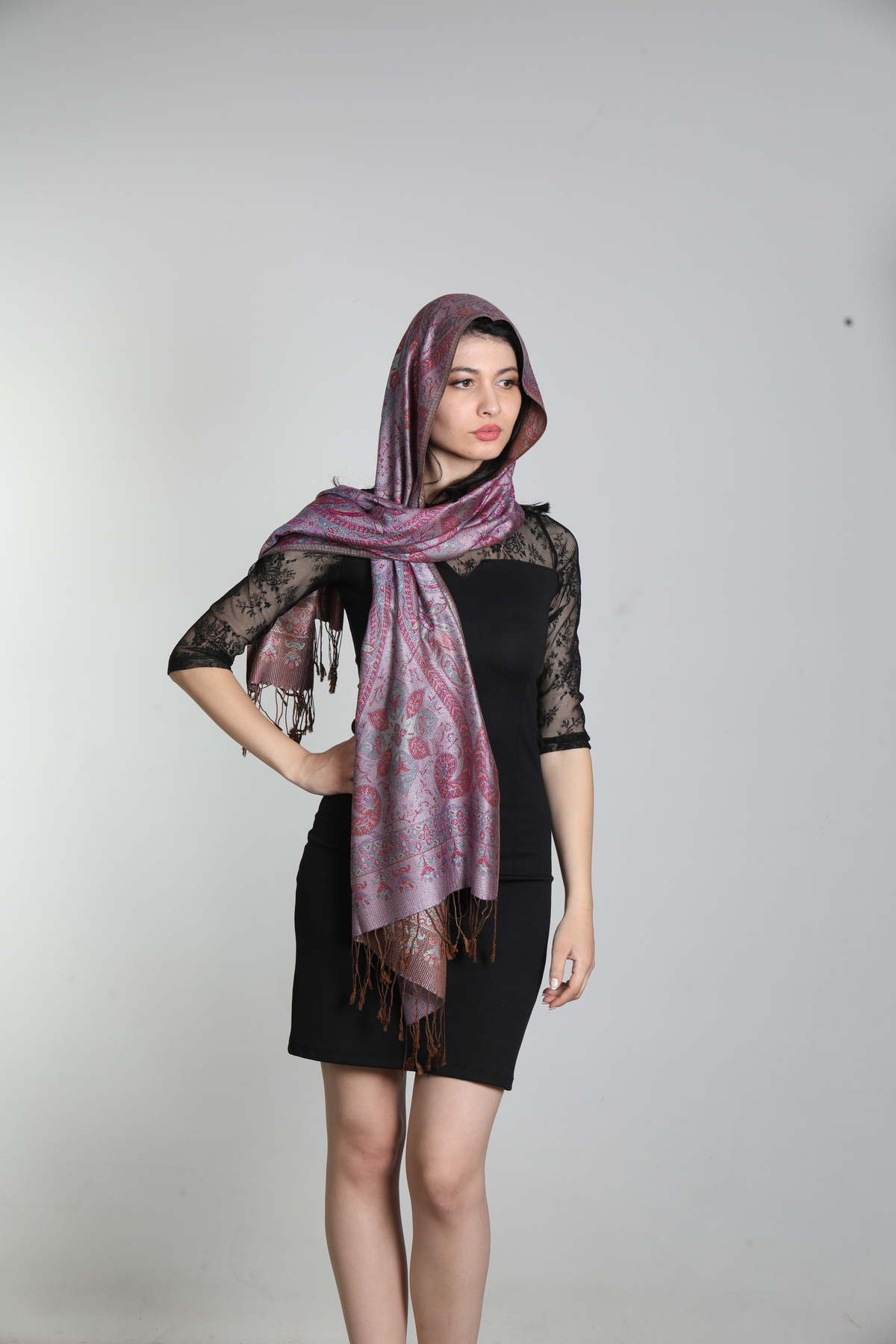 شال ابریشمی دوطرفه زنانه میستیک Mystic مدل MS-413، یاسی چندرنگ