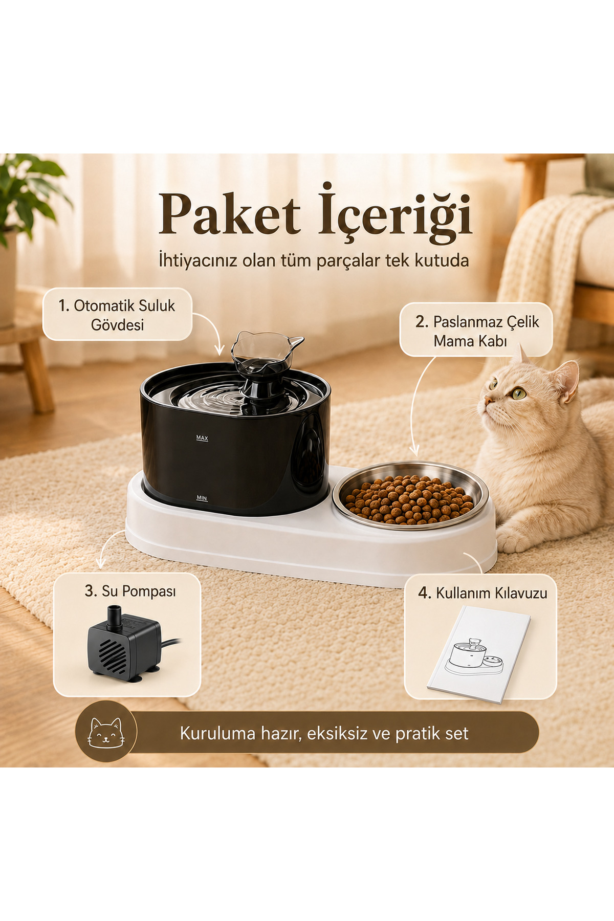 آبخوری فواره‌ای و ظرف غذای خودکار گربه و سگ کاورزون Coverzone مدل ORM-503 با مخزن غذای استیل