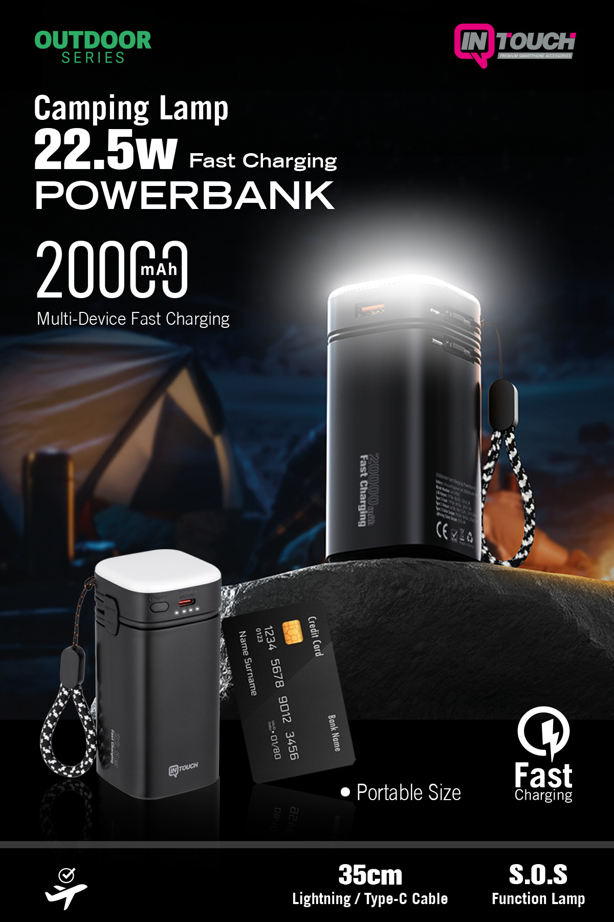پاوربانک 20000 ماهه 22.5W PD لامپ کمپینگ سریع کابلی سری OUTDOOR اورجینال İntouch