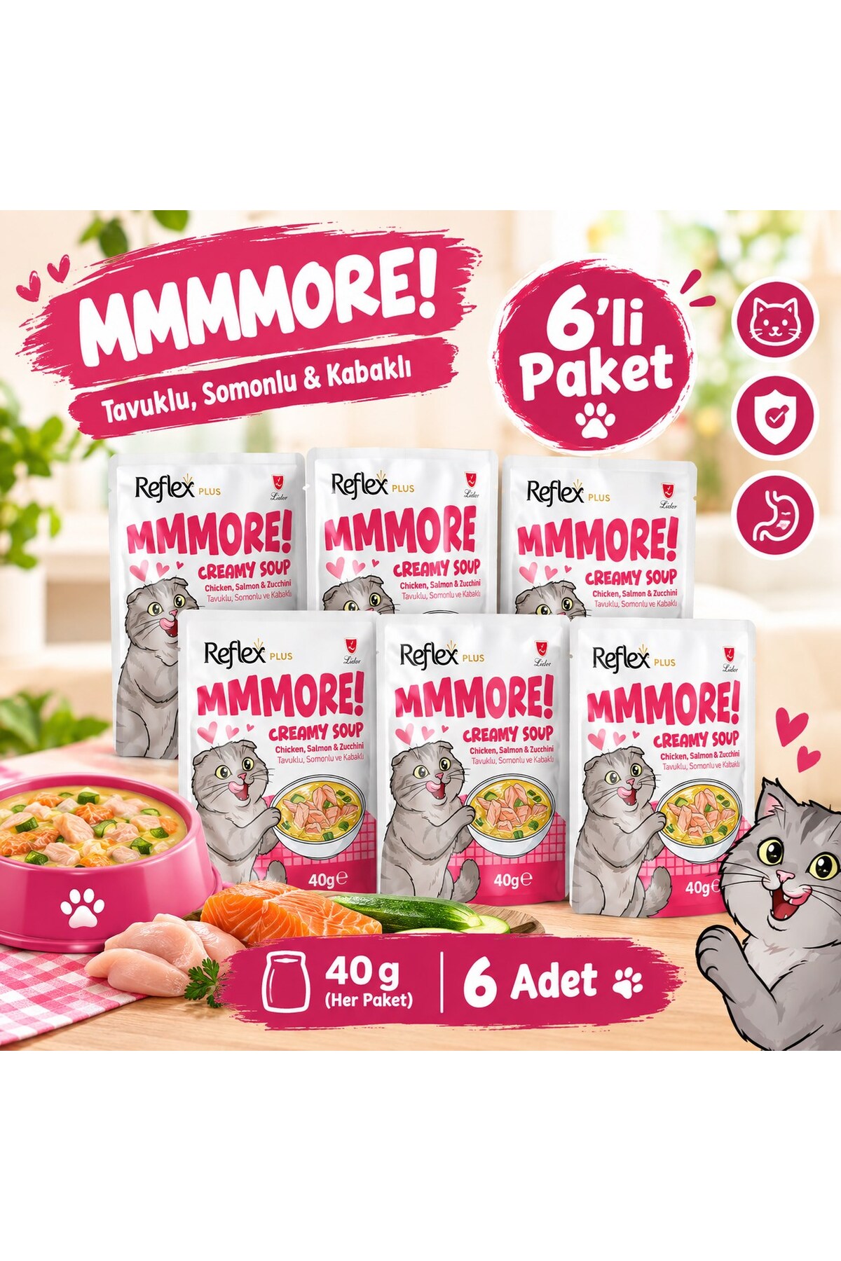 سوپ کرمی گربه رفلکس Reflex Plus Mmore با طعم مرغ، سالمون و کدو، ۴۰ گرم، بسته ۶ عددی
